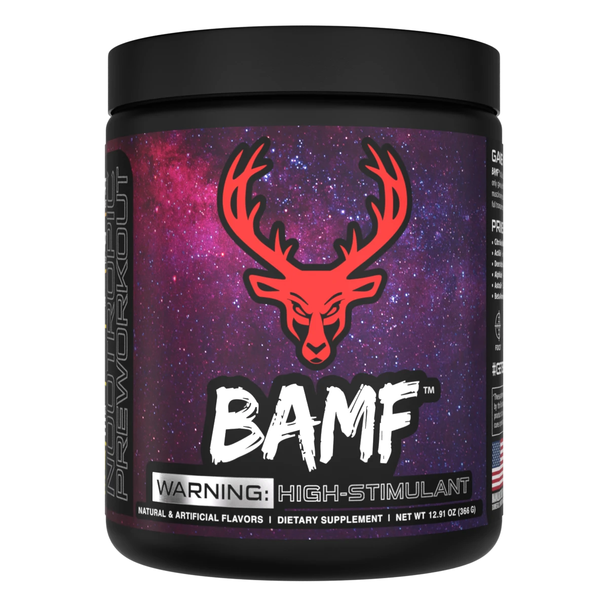 BAMF by Bucked Up pre-workout in a sleek tub, offering explosive energy, laser focus, and muscle pumps for the ultimate training performance.