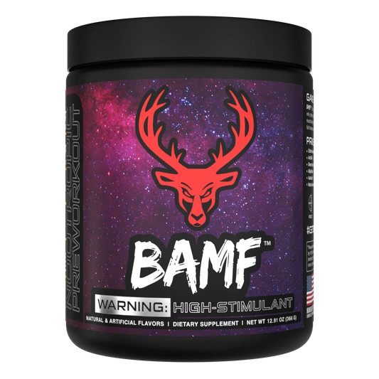 BAMF by Bucked Up pre-workout in a sleek tub, offering explosive energy, laser focus, and muscle pumps for the ultimate training performance.