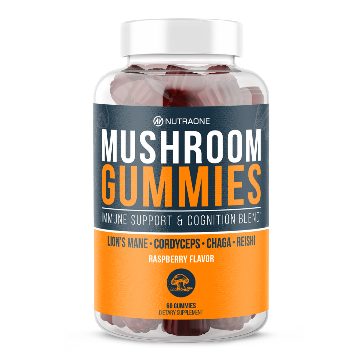 A bottle of Mushroom Gummies by NutraOne, a delicious way to support immunity, focus, and energy.