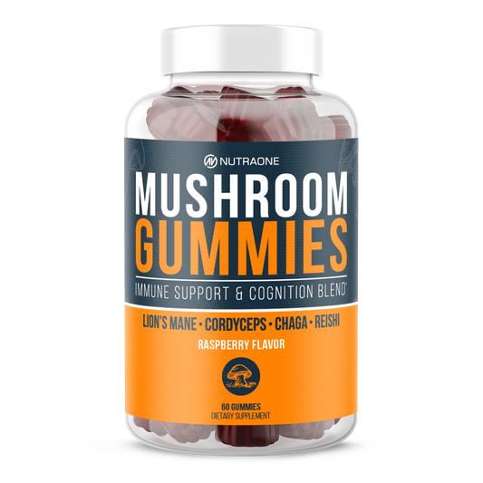 A bottle of Mushroom Gummies by NutraOne, a delicious way to support immunity, focus, and energy.