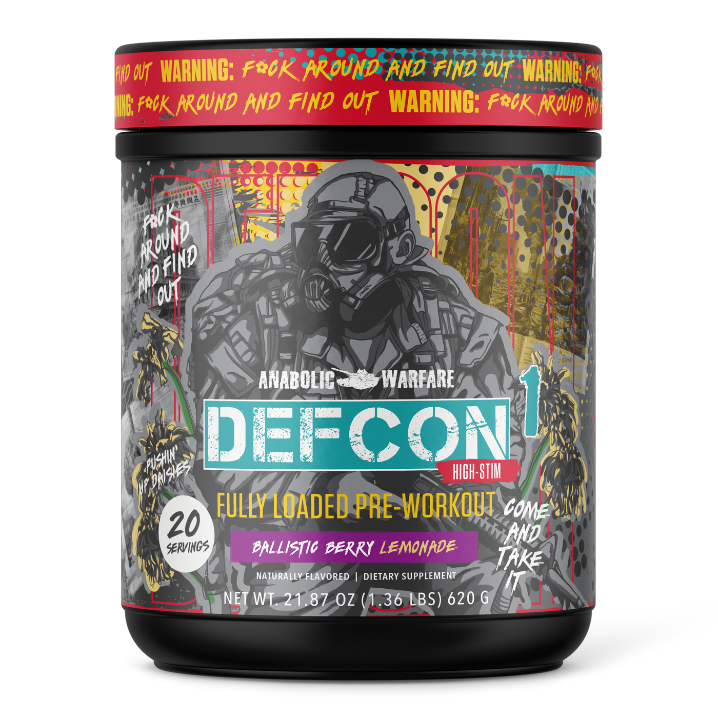 Container of DEFCON1 High-Stim Pre-Workout by Anabolic Warfare.