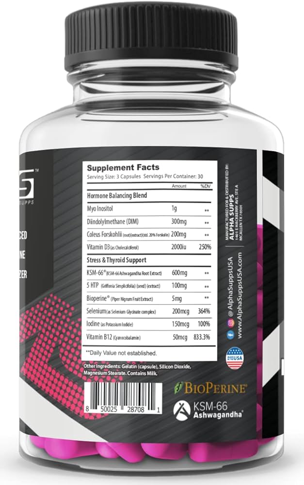 "Alpha Supps Balance for Women, with ingredients like Ashwagandha and Fenugreek to boost energy, balance hormones, and support lean muscle
