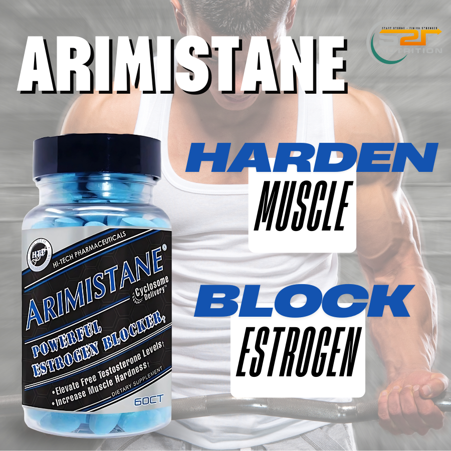 Bottle of Arimistane® by Hi-Tech Pharmaceuticals, powerful estrogen blocker to elevate free testosterone levels. Increase muscle hardness