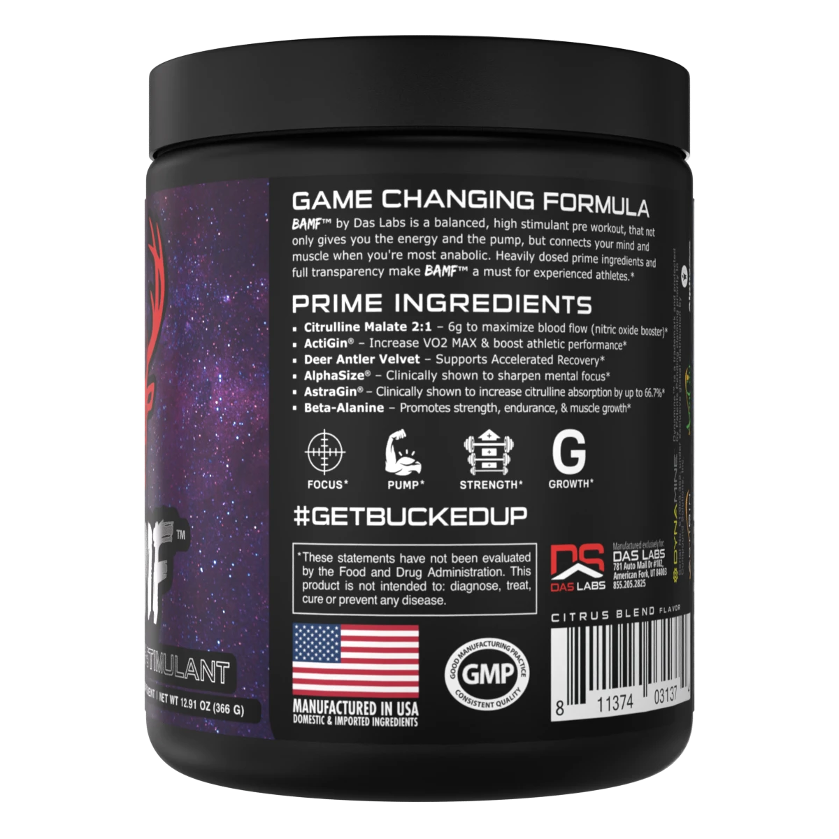 BAMF by Bucked Up pre-workout in a sleek tub, game changing formula with prime ingredients
