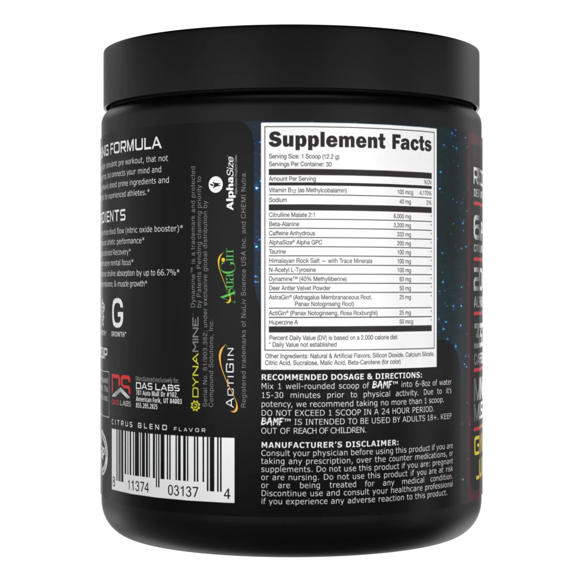 BAMF by Bucked Up pre-workout in a sleek tub, supplement facts
