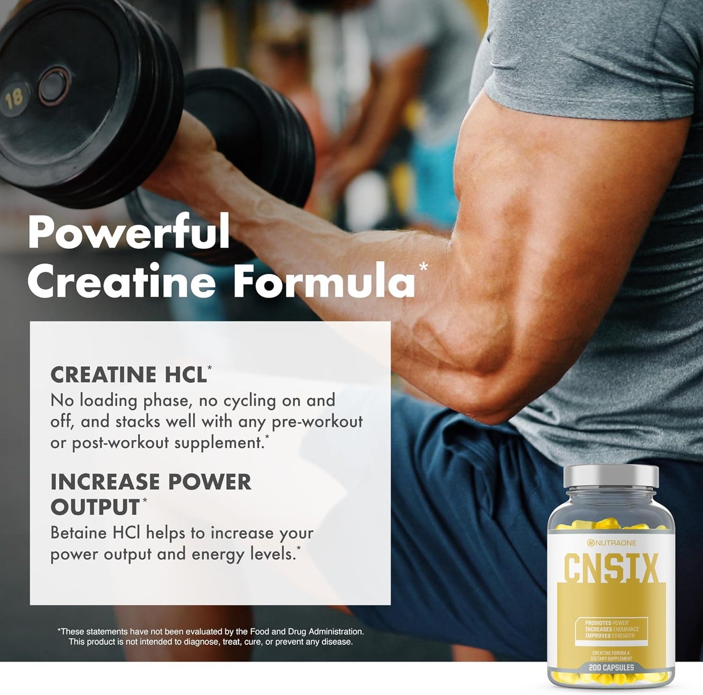 Bottle of CNSix by NutraOne, a creatine HCl supplement designed to boost muscle growth, strength, and performance.