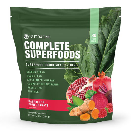 NutraOne Complete Superfoods drink mix on-the-go packaging.