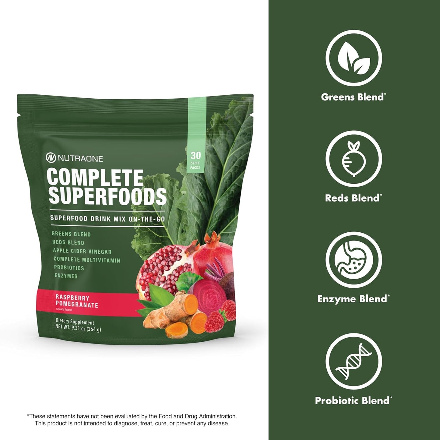 NutraOne Complete Superfoods powder supplement, greens and reds blens, enzyme blend, probiotic blend