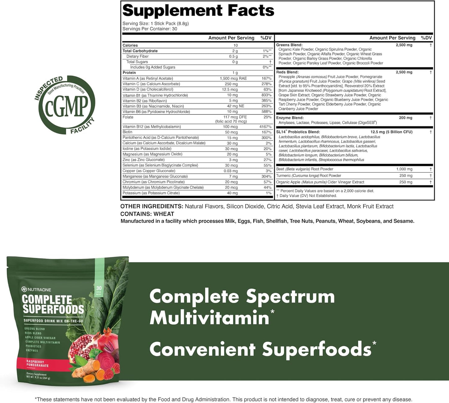 NutraOne Complete Superfoods powder supplement packaging and supplement facts