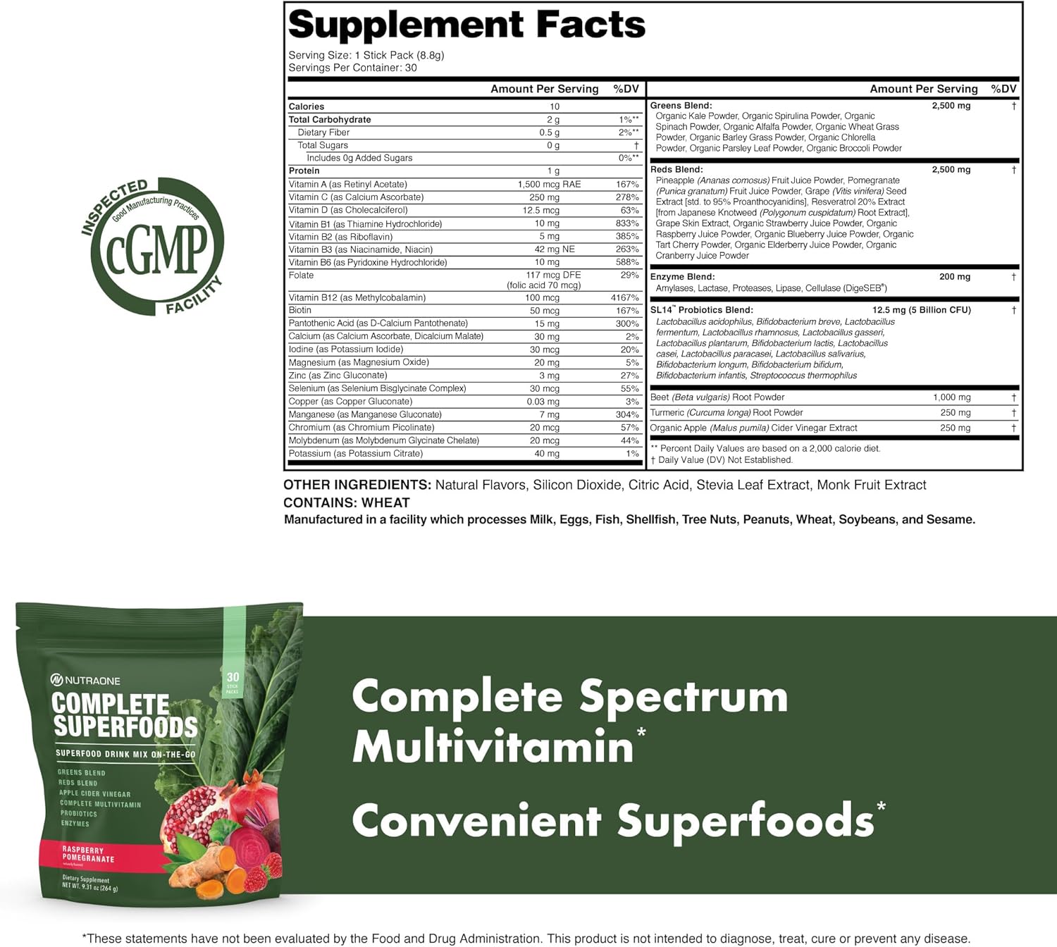 NutraOne Complete Superfoods powder supplement packaging and supplement facts