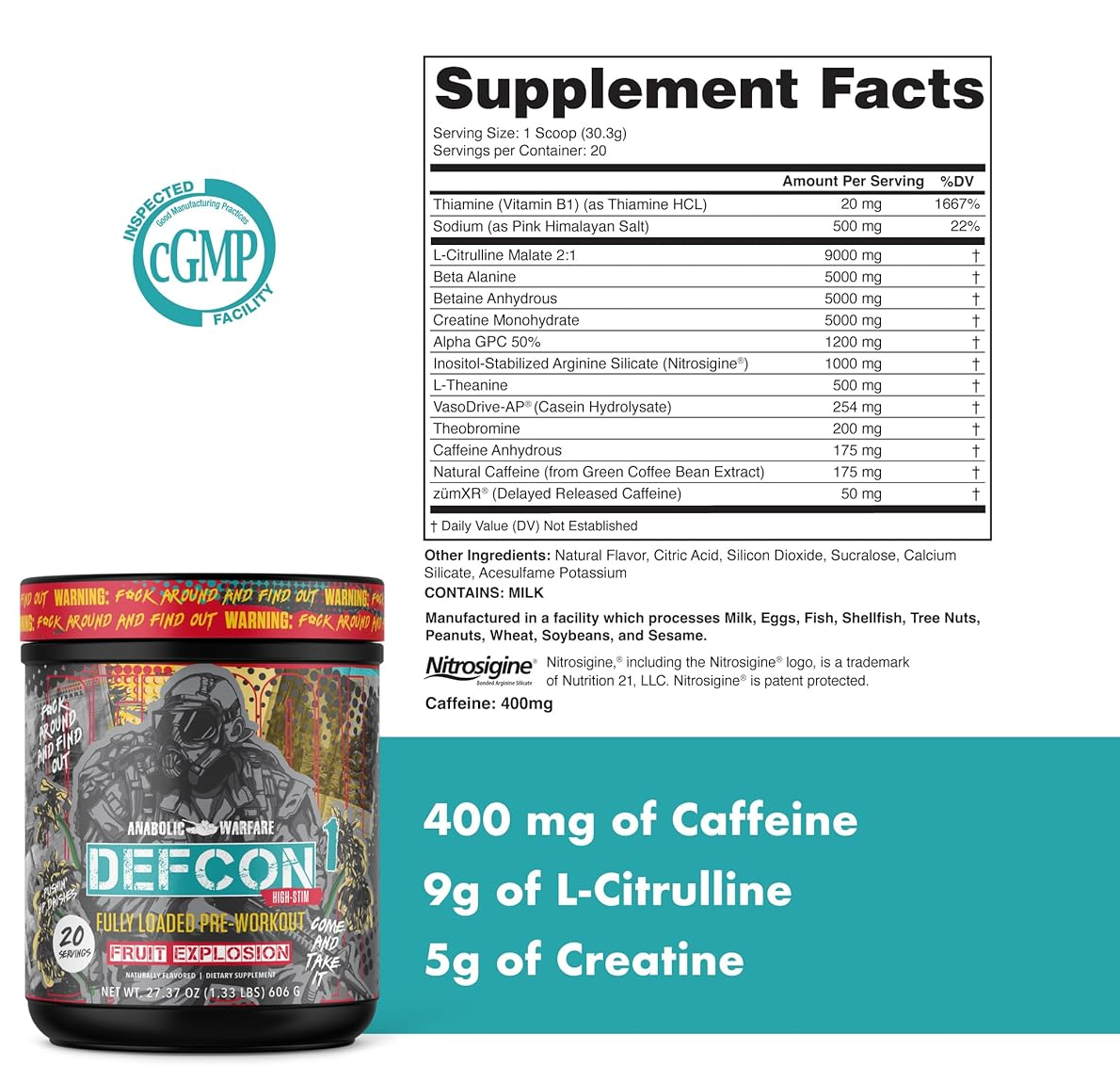 Container of DEFCON1 High-Stim Pre-Workout by Anabolic Warfare, supplement facts