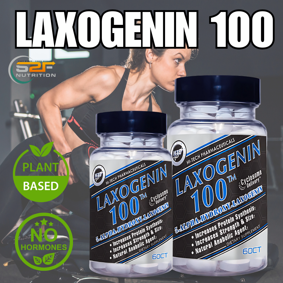 Laxogenin 100 supplement bottle for natural muscle growth, strength support, and recovery enhancement. Plant based and no hormones.