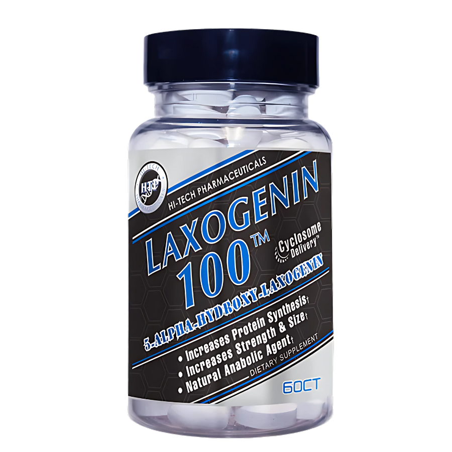 Laxogenin 100 supplement bottle for natural muscle growth, strength support, and recovery enhancement.