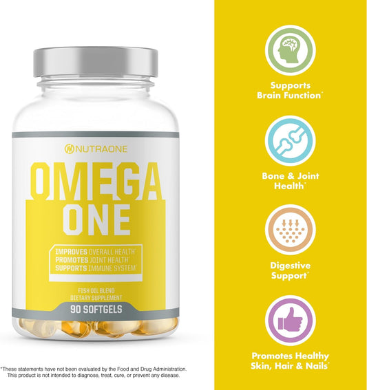 omega one by nutraone bottle and benefits supporting brain function, bone and joint health, digestive support, and promotes healthy hair, skin, nails