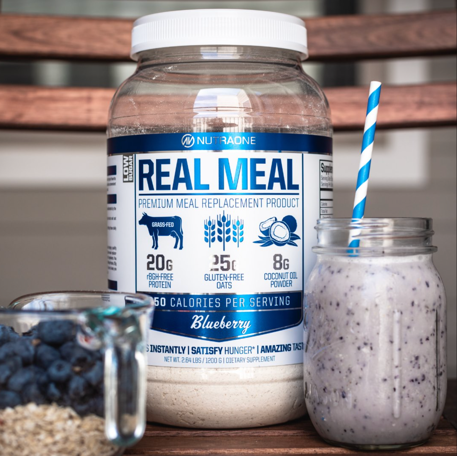 NutraOne Real Meal container, promoting clean and balanced nutrition for meal replacement.