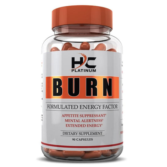 HC Platinum "Burn" bottle, a thermogenic fat burner designed to boost energy, burn fat, and improve mood for weight loss