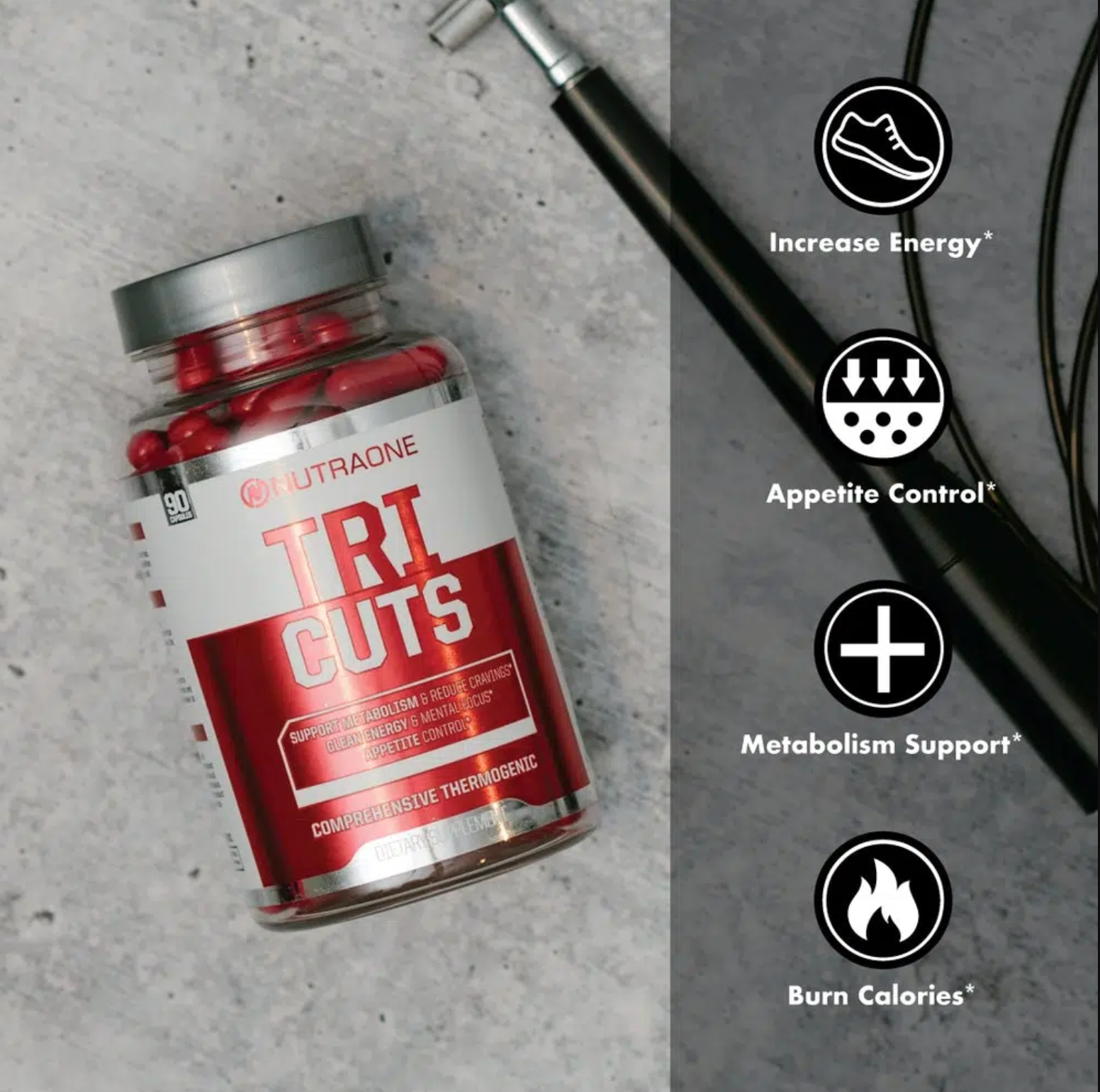 NutraOne TriCuts bottle, highlighting its thermogenic formula for energy and fat metabolism support.