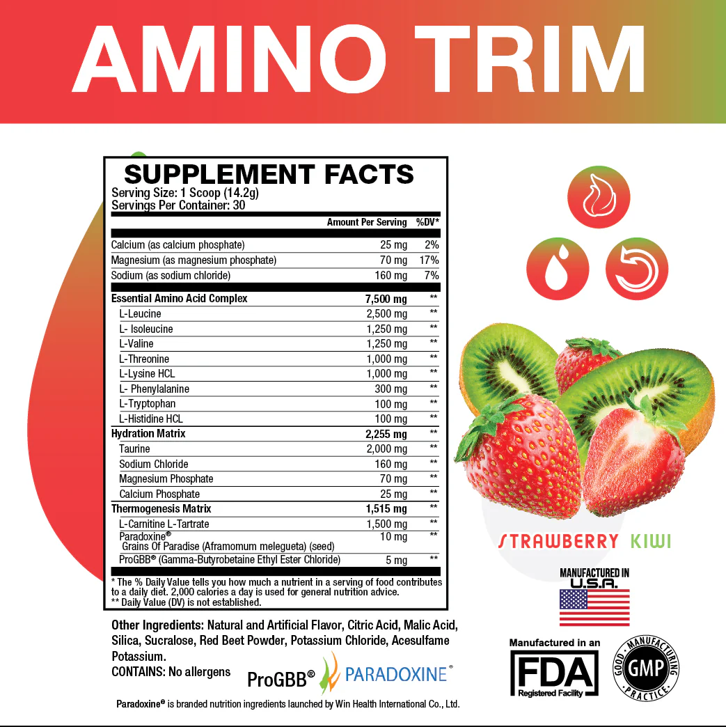 Amino Trim by Sweat Ethic with vibrant highlights, showing ingredients