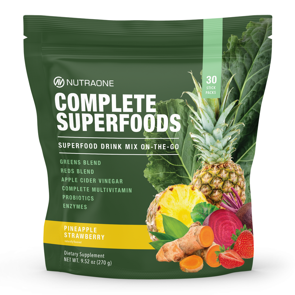 NutraOne Complete Superfoods drink mix on-the-go packaging, pineapple strawberry