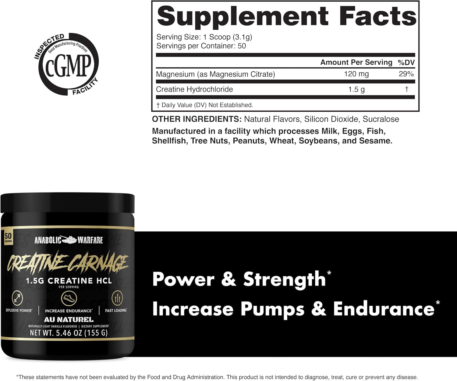 Anabolic Warfare Creatine Carnage supplement bottle, supplement facts