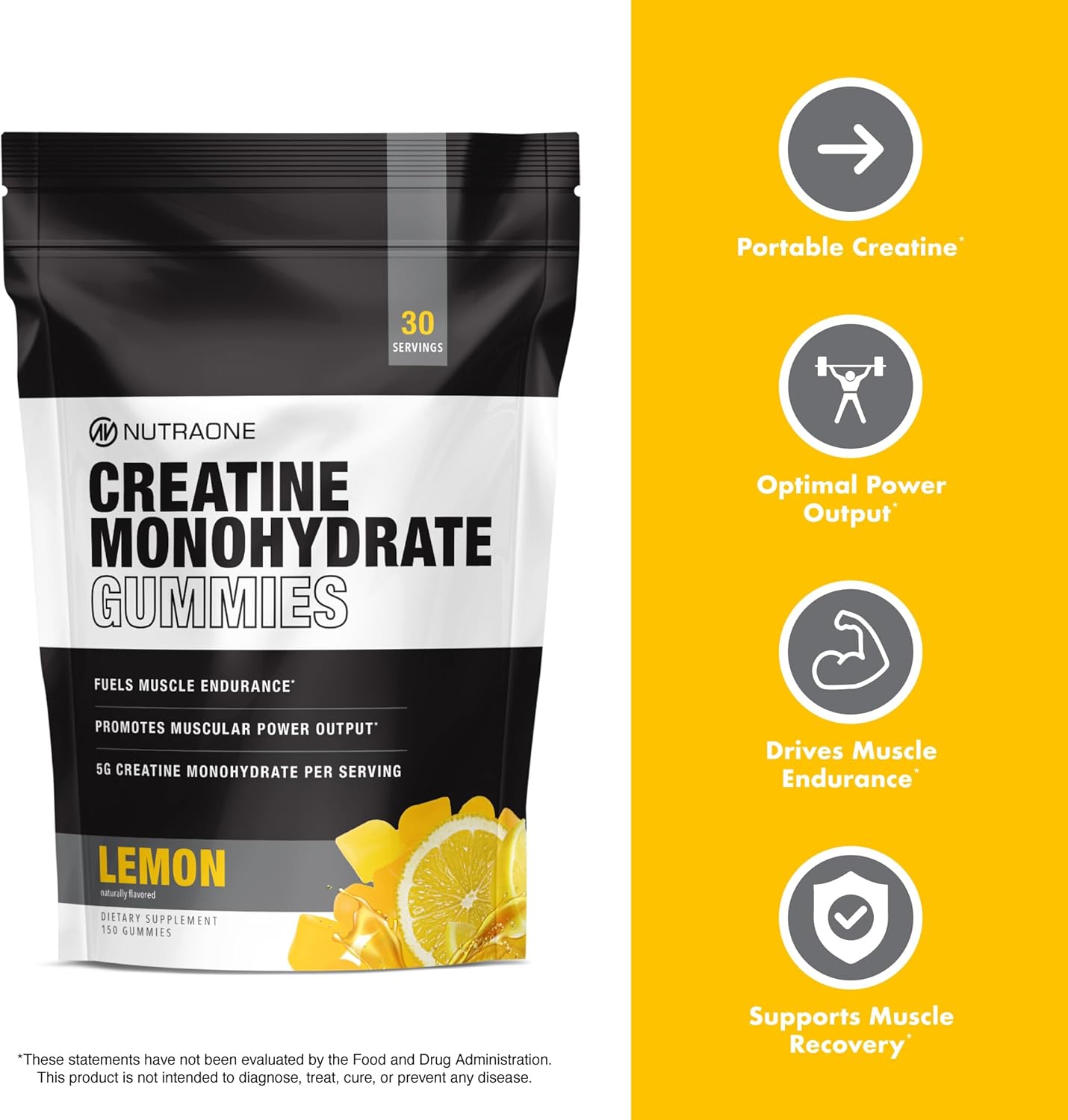 NutraOne Creatine Monohydrate Gummies packaging, portable creatine, optimal power, drives muscle endurance, supports muscle recovery