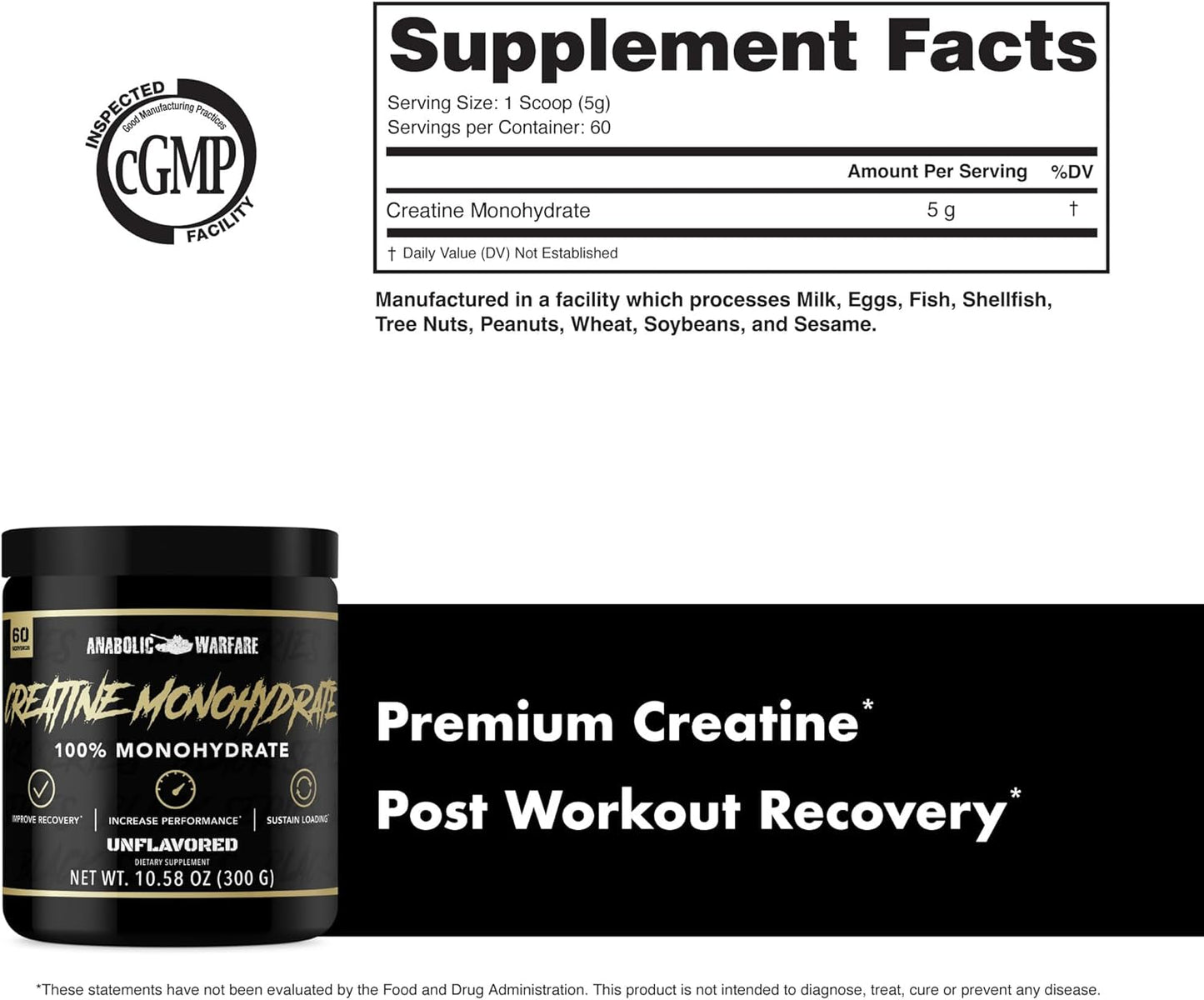 Creatine Monohydrate supplement bottle, supplement facts, premium creatine and post workout recovery