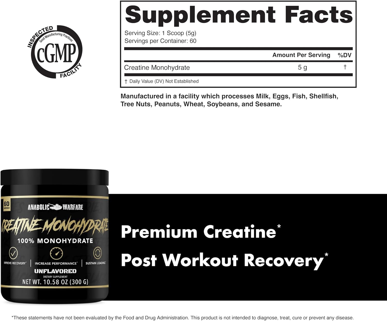 Creatine Monohydrate supplement bottle, supplement facts, premium creatine and post workout recovery