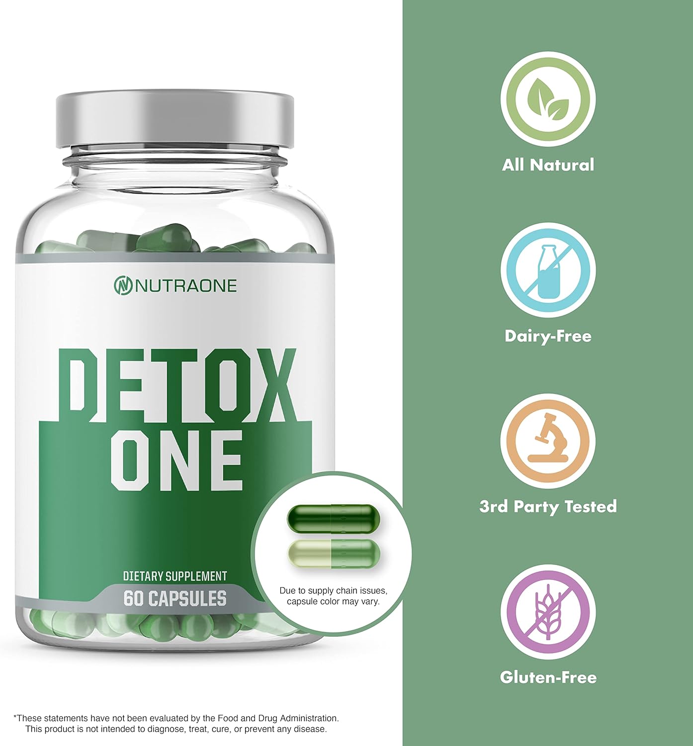 Bottle of DetoxOne by NutraOne, all natural, dairy free gluten free