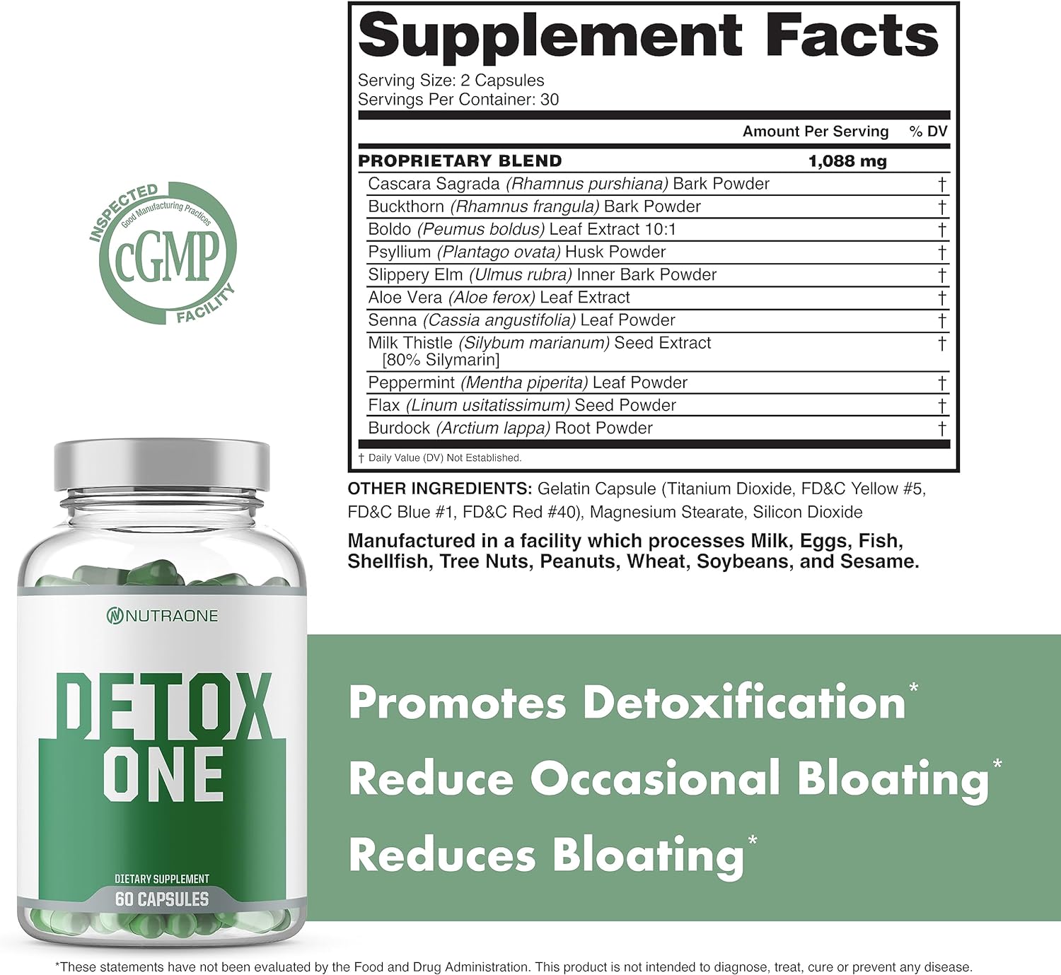 Bottle of DetoxOne by NutraOne—30-day detox cleanse supplement facts