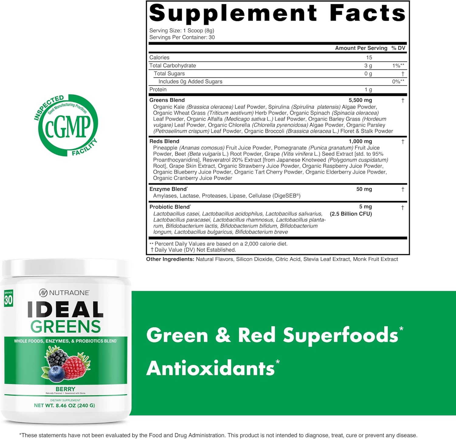 Ideal Greens Natural Berry Superfood Powder by NutraOne Supplement Facts