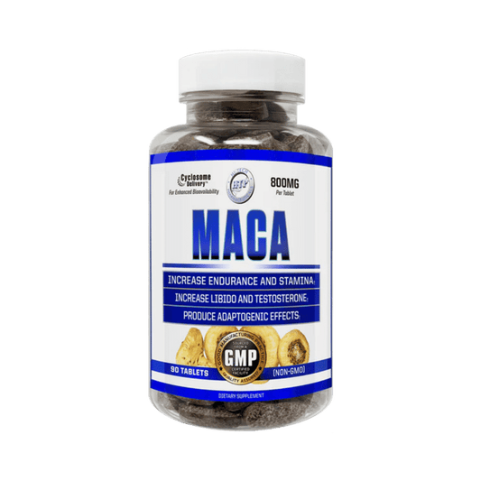 Hi-Tech Pharmaceuticals Maca bottle, highlighting its support for energy, mood, and hormonal balance.