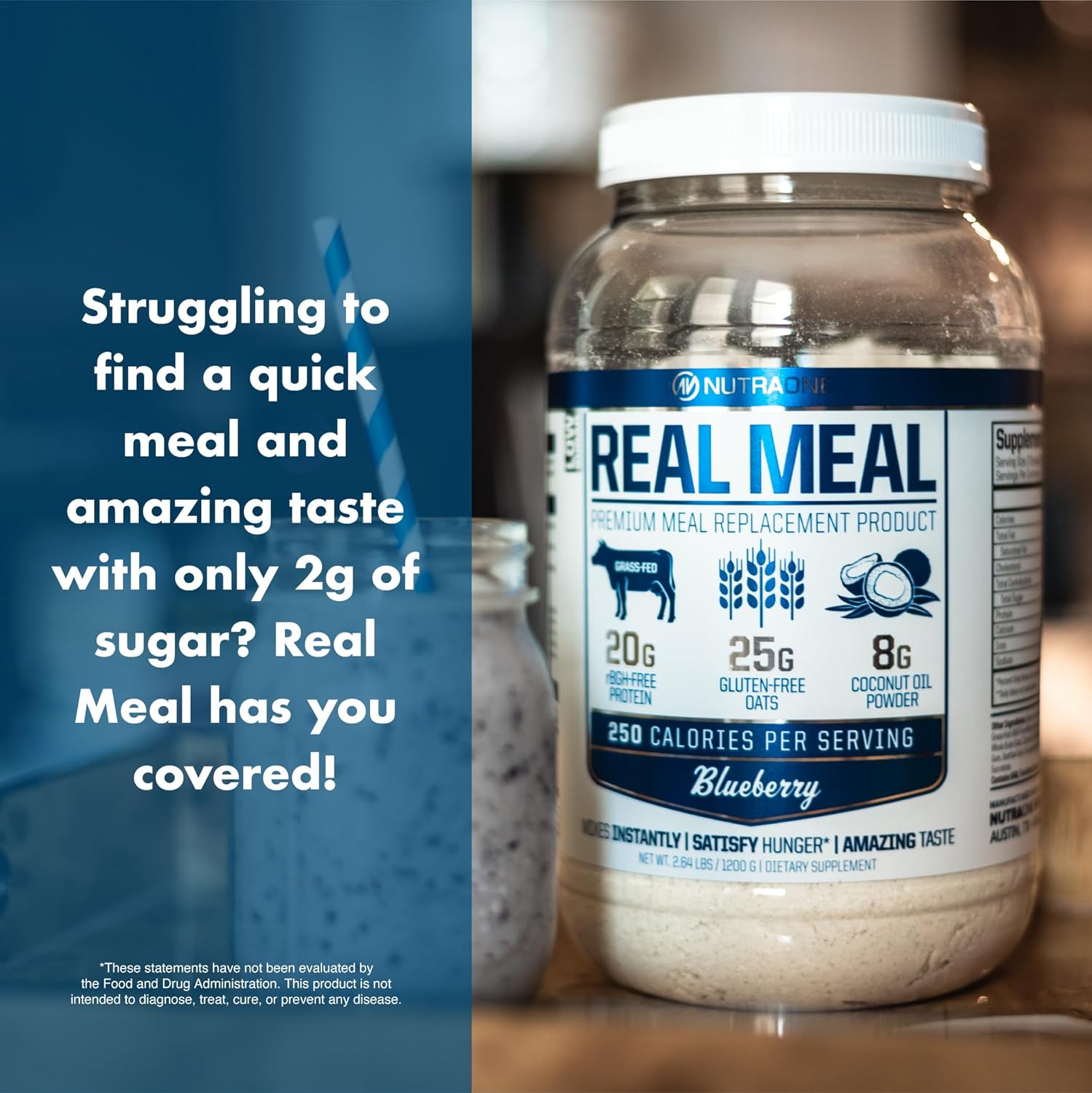 NutraOne Real Meal container, promoting clean and balanced nutrition for meal replacement.