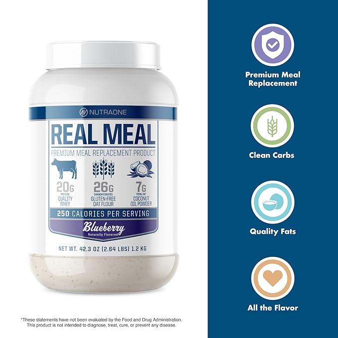 NutraOne Real Meal container, promoting clean and balanced nutrition for meal replacement.