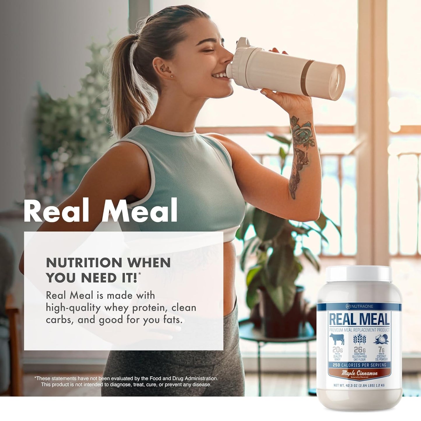 NutraOne Real Meal container, promoting clean and balanced nutrition for meal replacement.