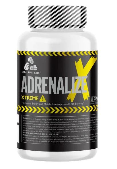 Adrenalize Extreme, fat-burning and energy-boosting supplement with ingredients like Caffeine, Indian Gooseberry, and Yohimbe Bark Extract for intense workouts.