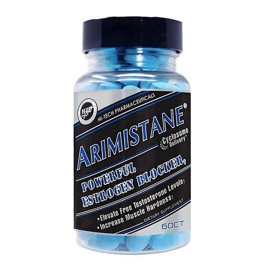 Bottle of Arimistane® by Hi-Tech Pharmaceuticals, powerful estrogen blocker to elevate free testosterone levels. Increase muscle hardness