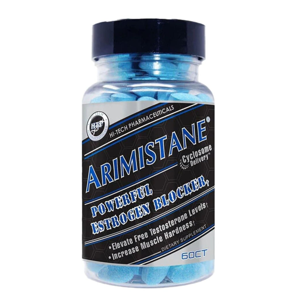 Bottle of Arimistane® by Hi-Tech Pharmaceuticals, powerful estrogen blocker to elevate free testosterone levels. Increase muscle hardness