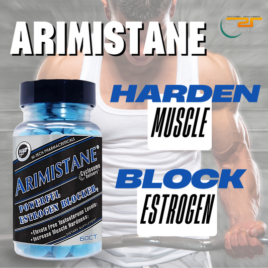 Bottle of Arimistane® by Hi-Tech Pharmaceuticals, powerful estrogen blocker to elevate free testosterone levels. Increase muscle hardness