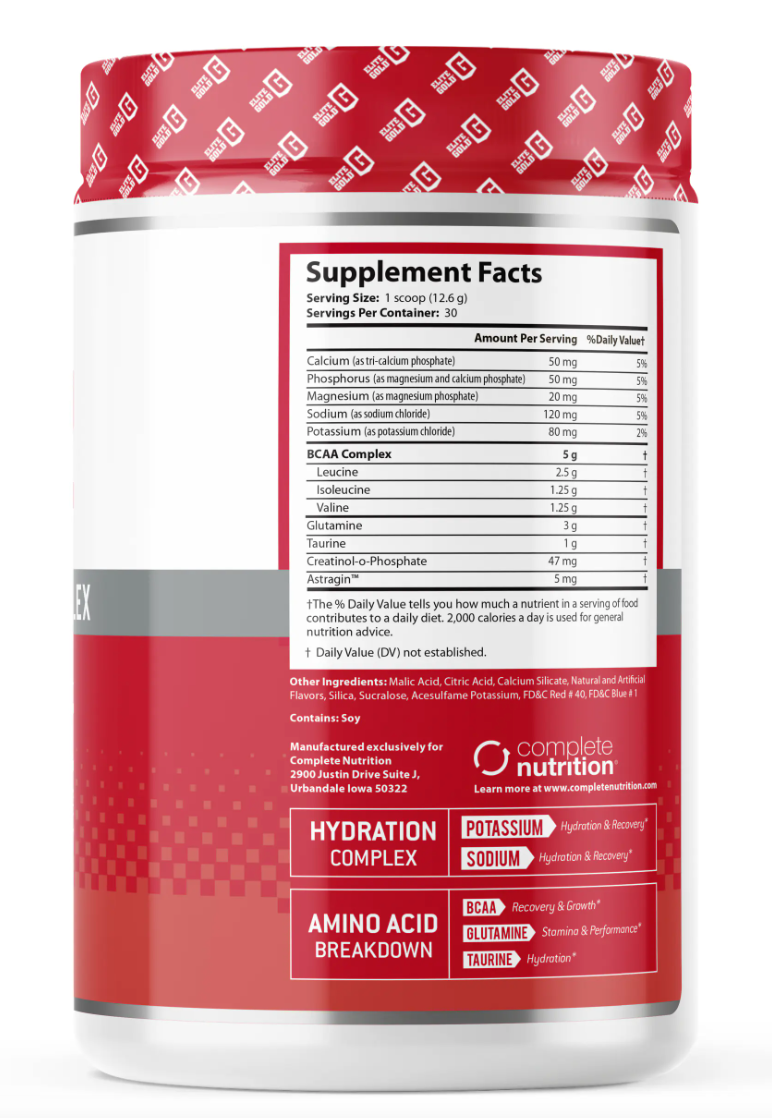 Container of Elite Gold BCAA Advanced Amino Acid Complex supplement facts