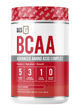 Container of Elite Gold BCAA Advanced Amino Acid Complex in Wild Cherry flavor