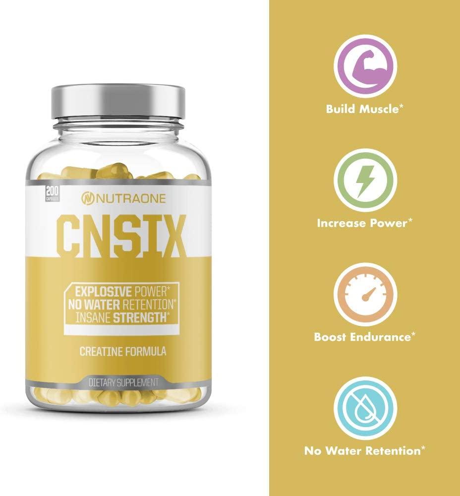 Bottle of CNSix by NutraOne, build muscle, increase power, boost endurance, no water retention