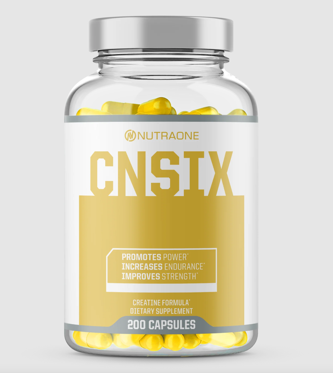 Bottle of CNSix by NutraOne, promotes power, increased endurance, improves strength