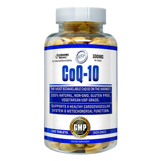 CoQ10 bottle by Hi-Tech. 100% natural, non gmo, gluten free, supports heart health