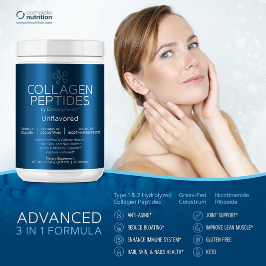 collagen peptides complete nutrition unflavored bottle- antiaging, reduce bloating, joint support, gluten free, keto, hair, skin, and nails