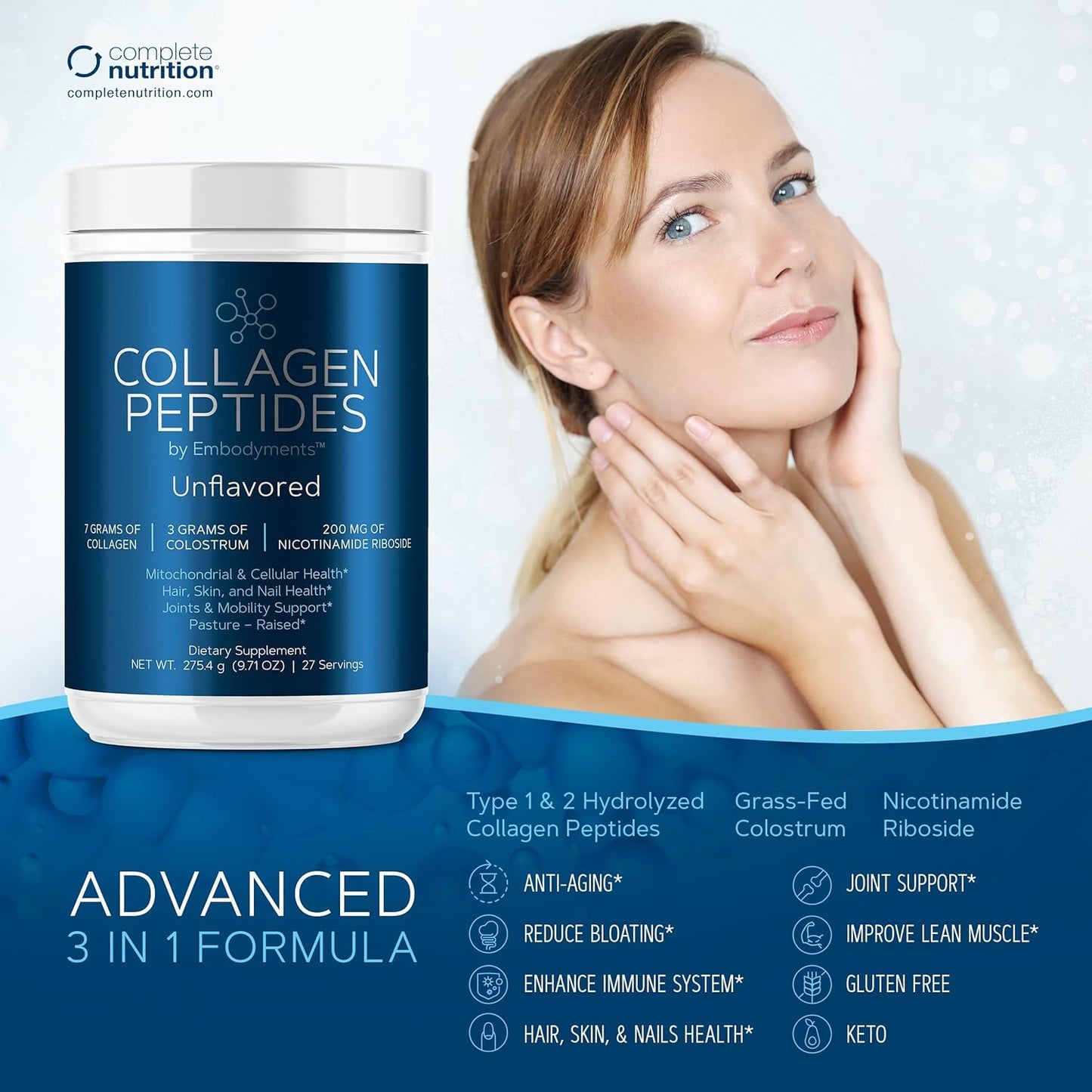 collagen peptides complete nutrition unflavored bottle- antiaging, reduce bloating, joint support, gluten free, keto, hair, skin, and nails