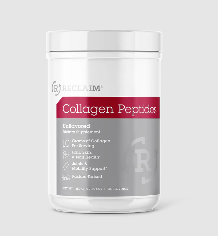 Bottle of Complete Nutrition Reclaim Collagen Peptides unflavored powder supplement.