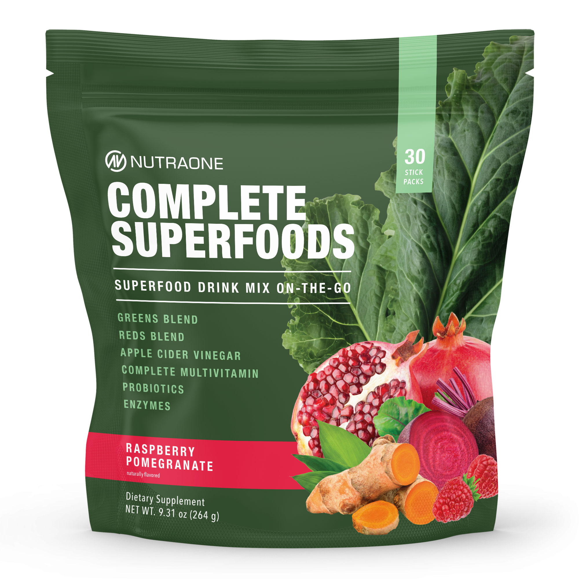 NutraOne Complete Superfoods drink mix on-the-go packaging.