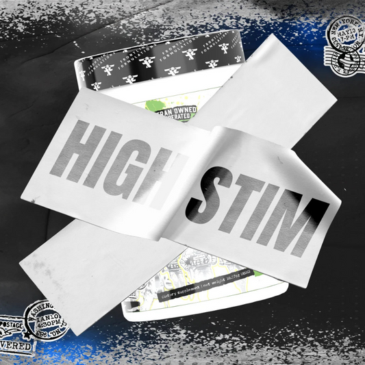 Sticker with 'HIGH STIM' text on a black and blue gradient background