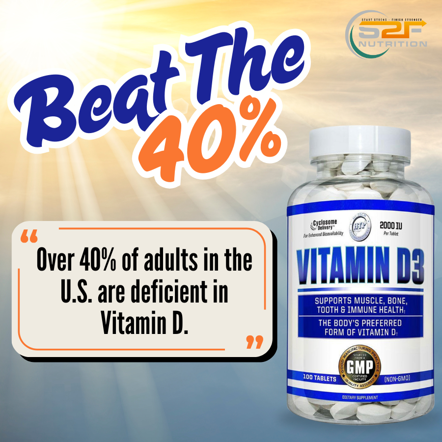 Hi-Tech Vitamin D3 bottle for daily bone, immune, and energy support. beat the 40% of adults in the U.S who are deficient in Vitamin D