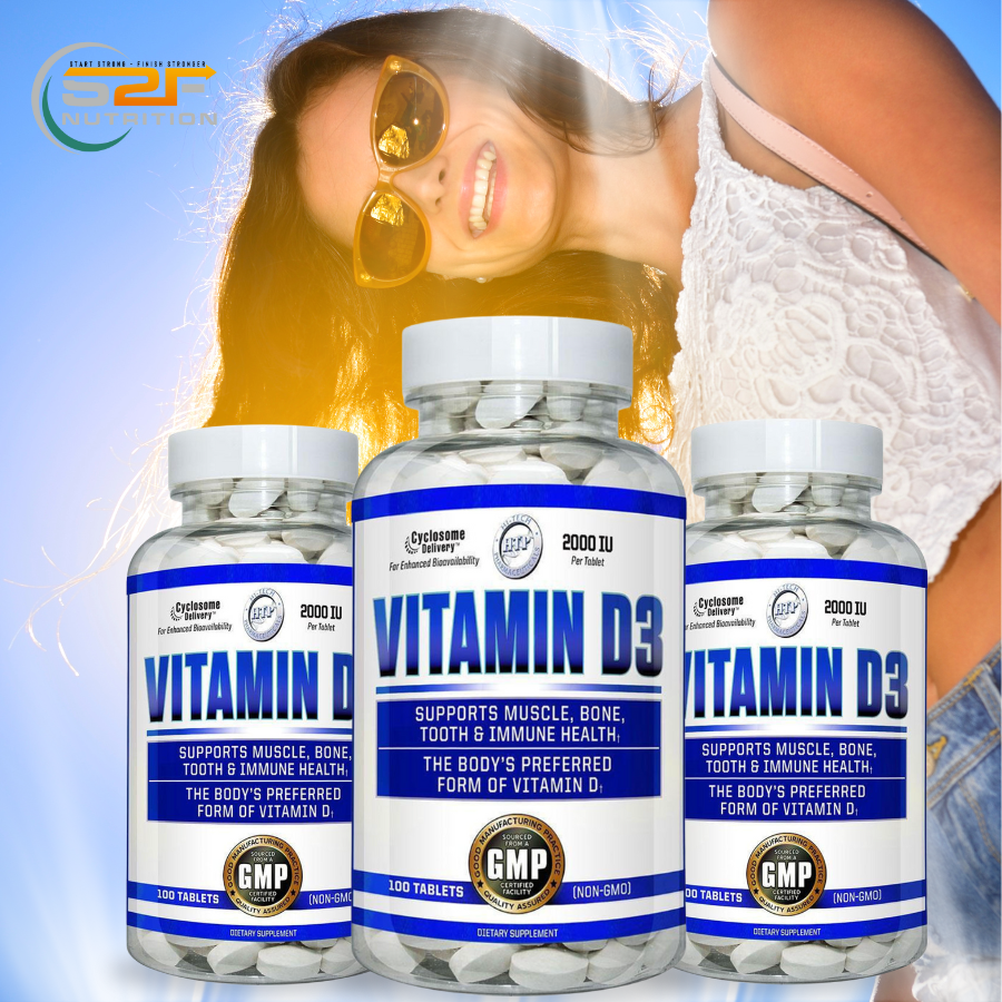 Hi-Tech Vitamin D3 bottle for daily bone, immune, and energy support.